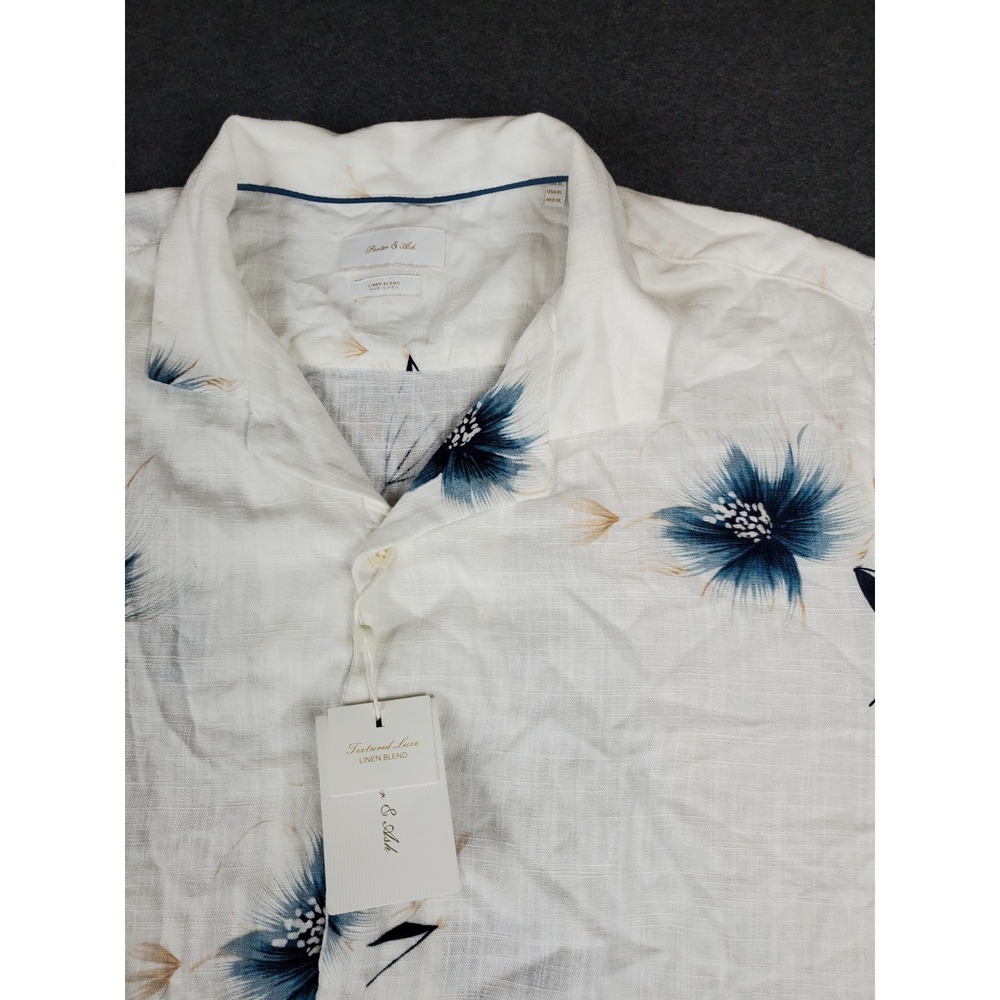 Porter & Ash Linen Blend Floral All Over Print Mens White Button Up XL New